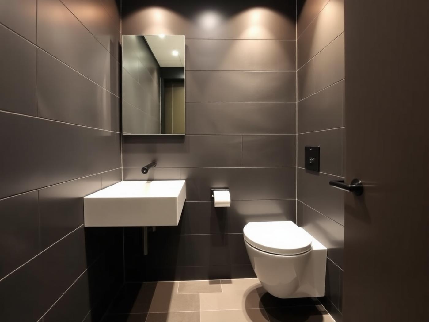 Gerenoveerd toilet met donker tegelwerk, hangend toilet en fonteintje