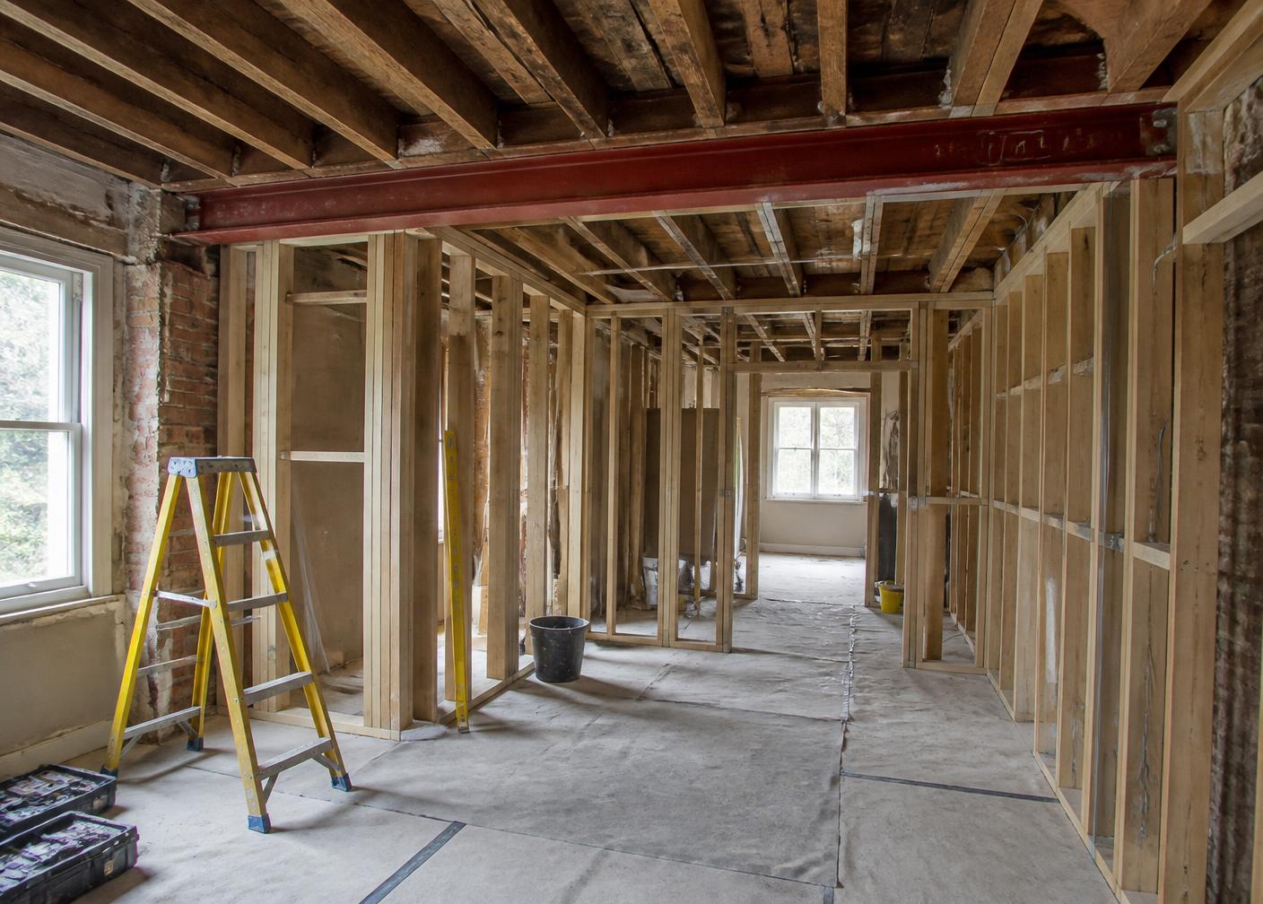 Woningverbouwing in uitvoering met nieuwe wanden en stalen constructiebalk